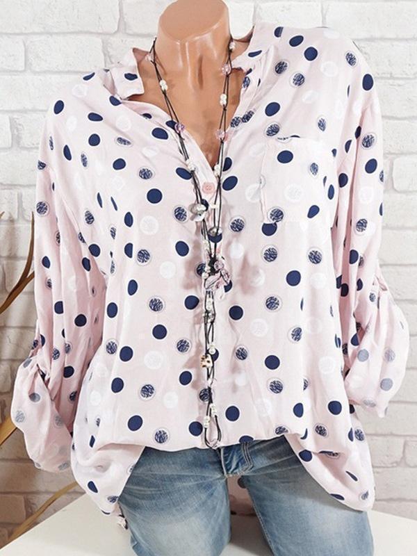 Daily Plus Size Dot Print Blouse Loose Lapel Tops For Women